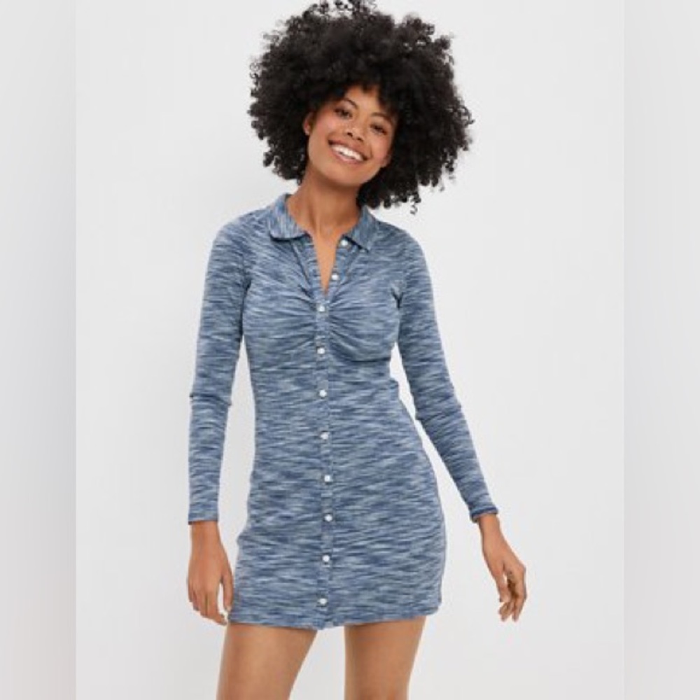 AE KNIT RUCHED FRONT LONG-SLEEVE MINI DRESS